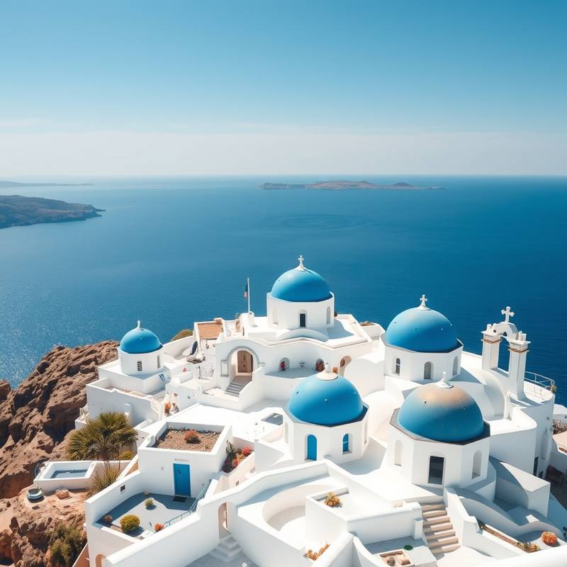 Casas blancas y azules en Santorini, Grecia con el mar Egeo de fondo