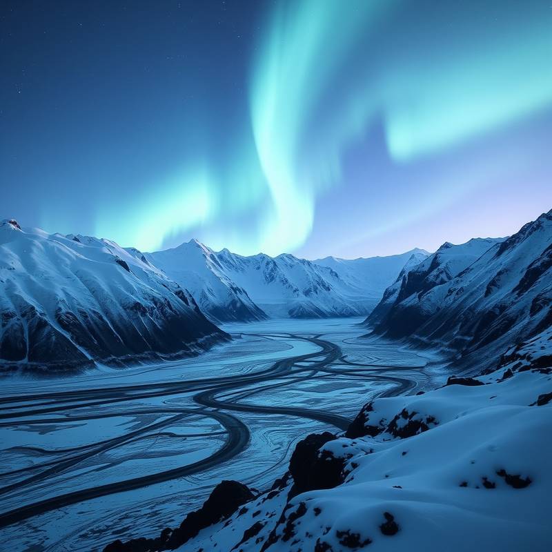 Paisaje nevado de Islandia, con montañas, glaciares y auroras boreales.