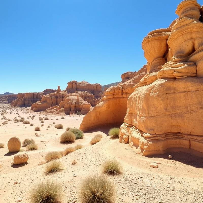 Paisaje árido del Desierto de Tabernas en Almería, con formaciones rocosas y cielo despejado.