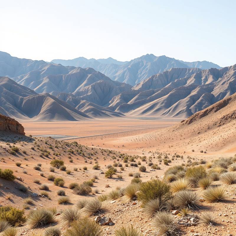 Paisaje árido del Desierto de Tabernas en Almería, España, con montañas y vegetación escasa.