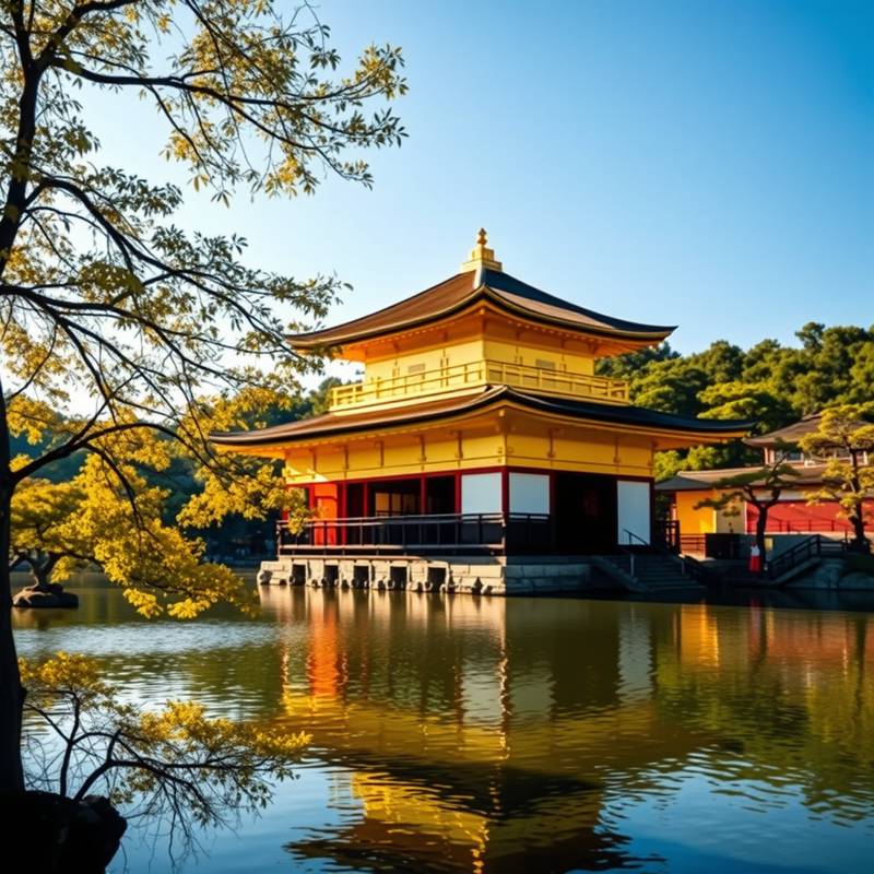 Templo dorado Kinkaku-ji en Kioto, Japón rodeado de árboles y agua