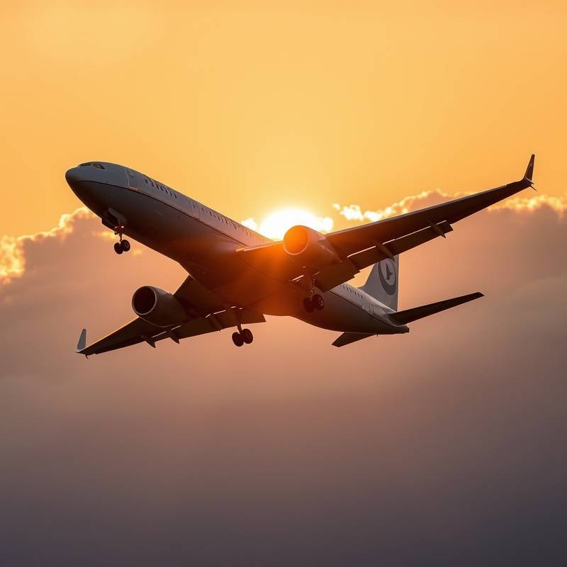 Un avión despegando al atardecer