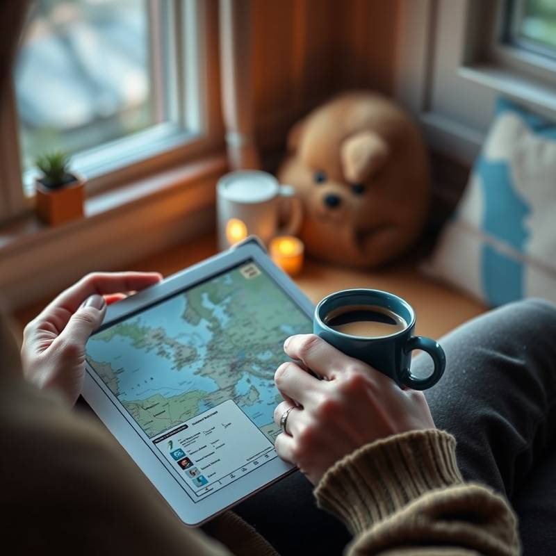 Una persona planificando un viaje con un mapa, una tableta y una taza de café