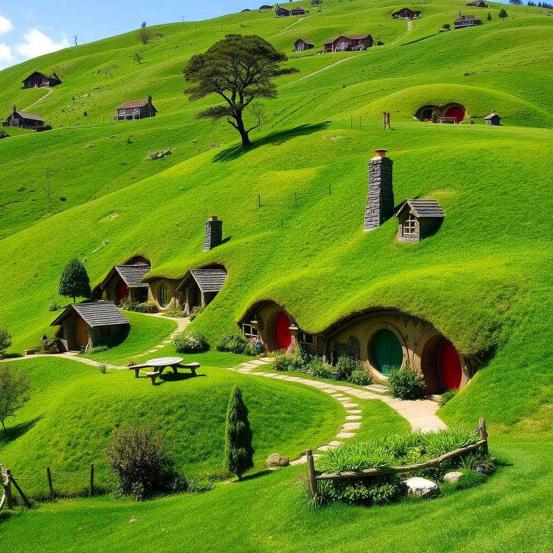 Vista de Hobbiton en Matamata, Nueva Zelanda, con casas de hobbits y colinas verdes.