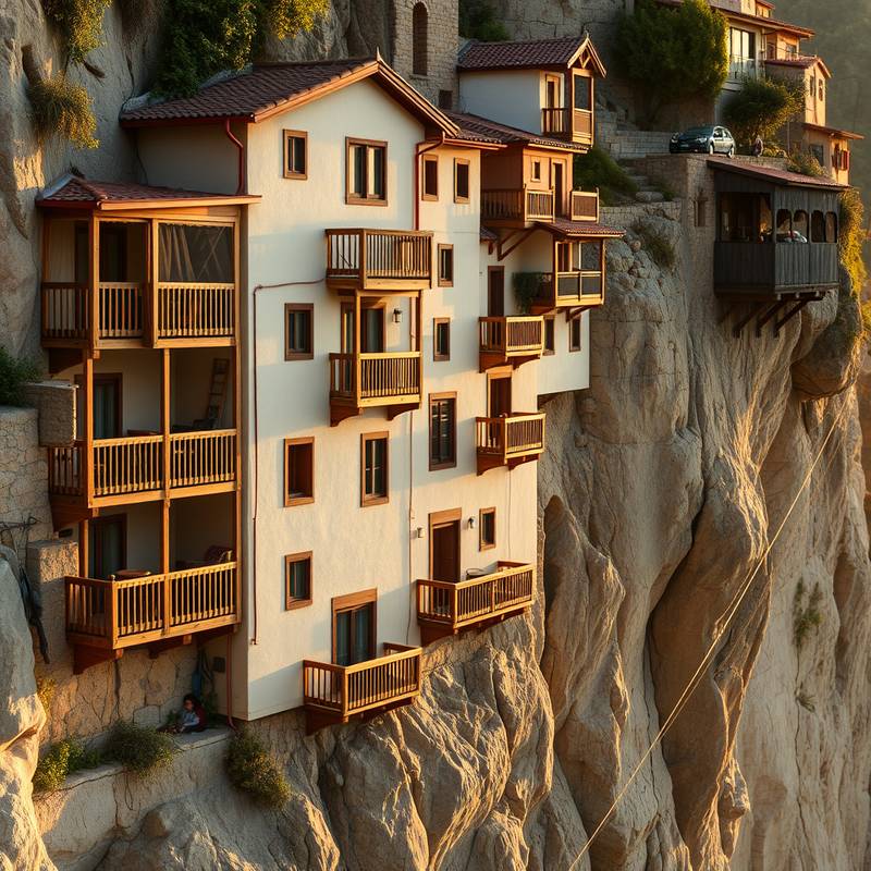 Vista de las Casas Colgadas de Cuenca, con balcones de madera colgando sobre un precipicio.