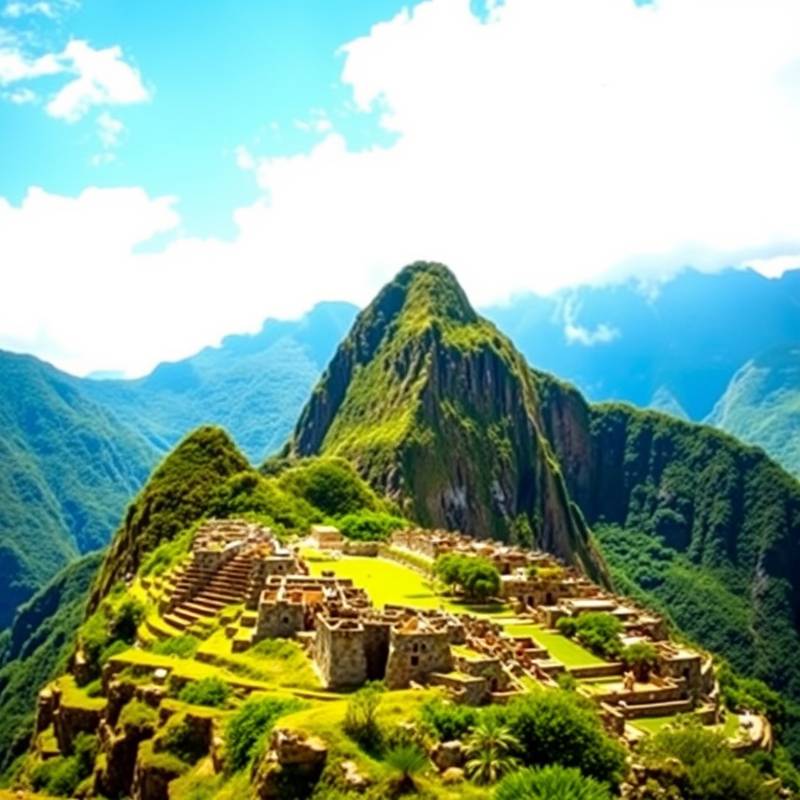 Vista de Machu Picchu en Perú con montañas verdes y cielo azul