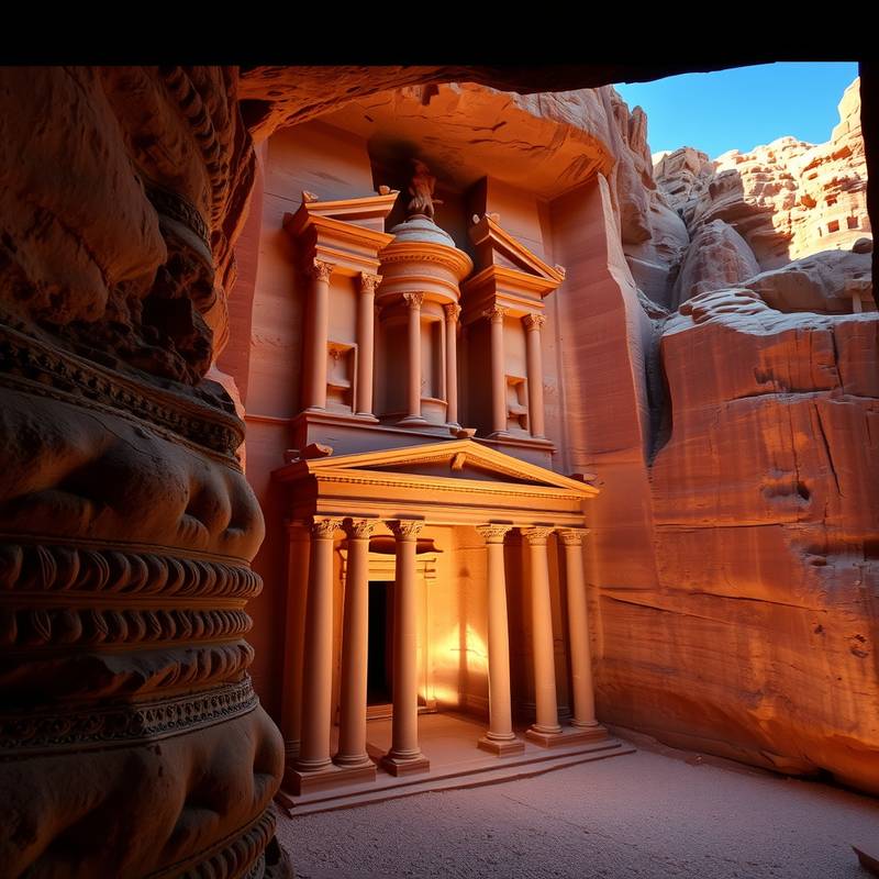Vista del Tesoro en Petra, Jordania, con su fachada tallada en la roca.