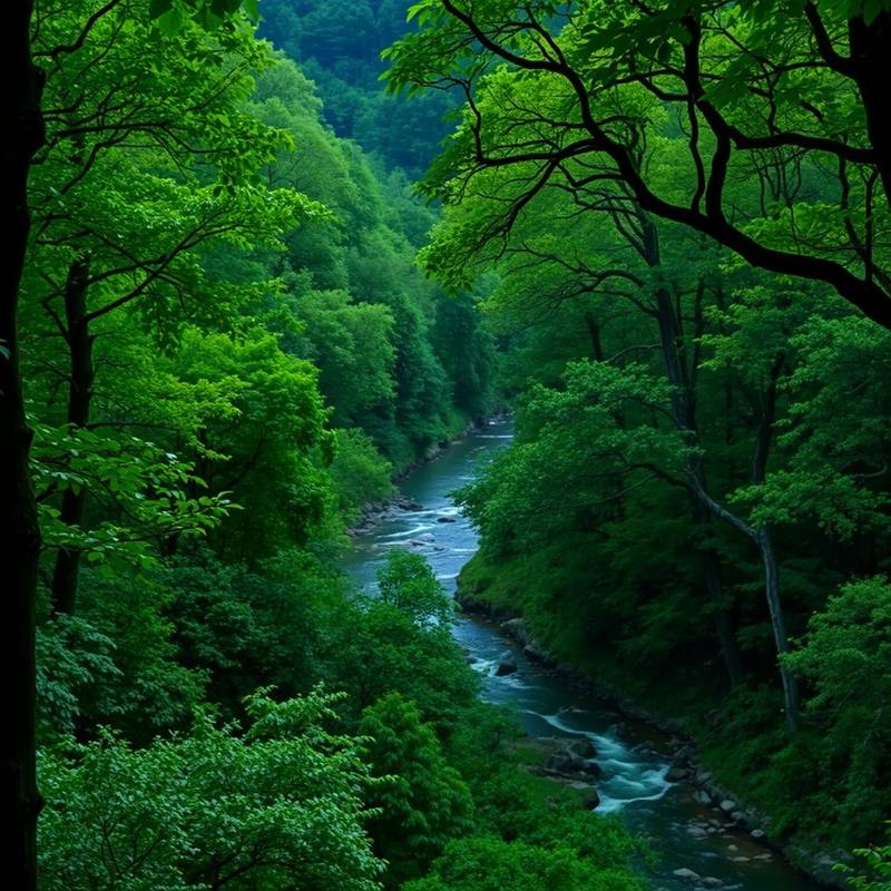 Vista densa del bosque de la Selva de Irati en Navarra, con árboles frondosos y río serpenteante.