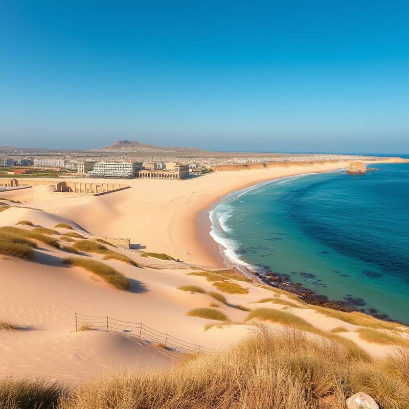 Vista panorámica de la Playa de Bolonia en Cádiz, con dunas de arena, aguas cristalinas y ruinas romanas.